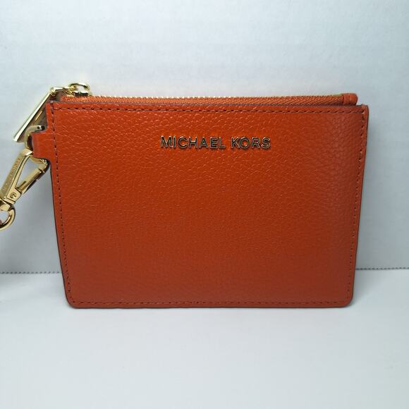Michael Kors Jet Set Orange Pebble Leather Coin Purse Pouch Wallet Wristlet - Picture 3 of 14
